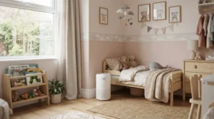 A quiet HEPA air purifier for dust mite allergies in bedroom setup inside a peaceful nursery with pastel wall colors.