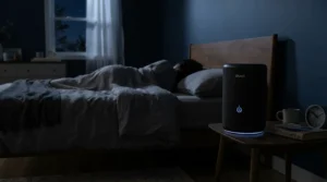 A serene evening bedroom scene with an active HEPA air purifier for dust mite allergies in bedroom glowing softly in the dark.