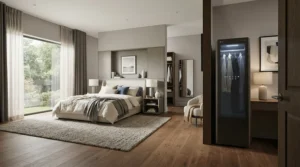 A large master bedroom featuring a high-capacity HEPA air purifier for dust mite allergies in bedroom near a walk-in closet.
