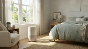 Morning sunlight illuminating a HEPA air purifier for dust mite allergies in bedroom near a freshly made queen-sized bed.