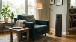 A peaceful reading nook featuring a quiet HEPA air purifier for dust mite allergies in bedroom running in the background.